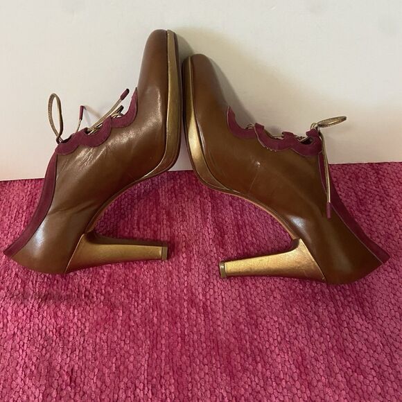 Leifsdottir Lace Up Leather Heels Brown Gold Burgundy Size 9B - Picture 7 of 11